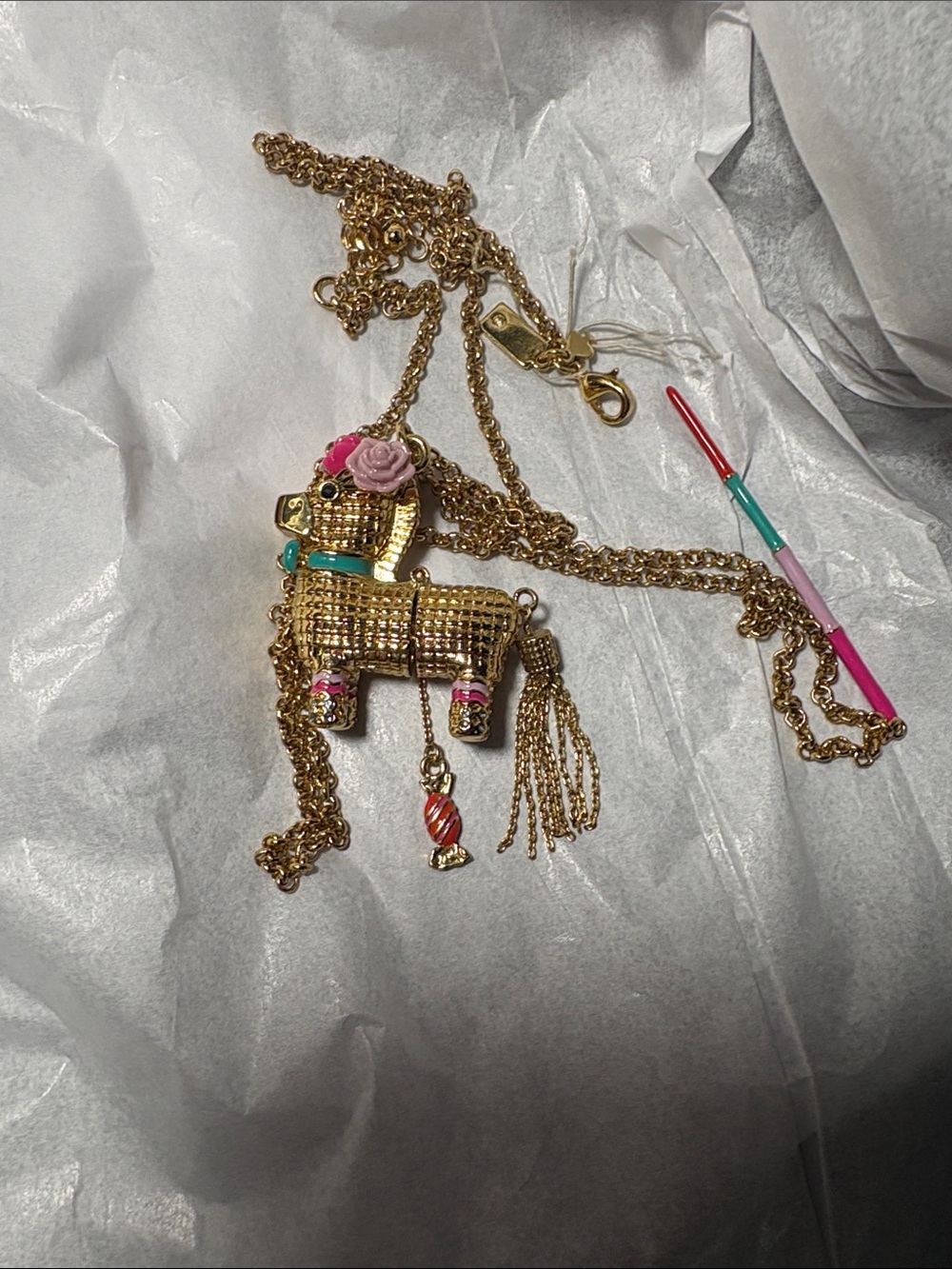 Kate Spade NWOT Gold Pinata Pendant Necklace with Pink Rose & Multicolor Accents